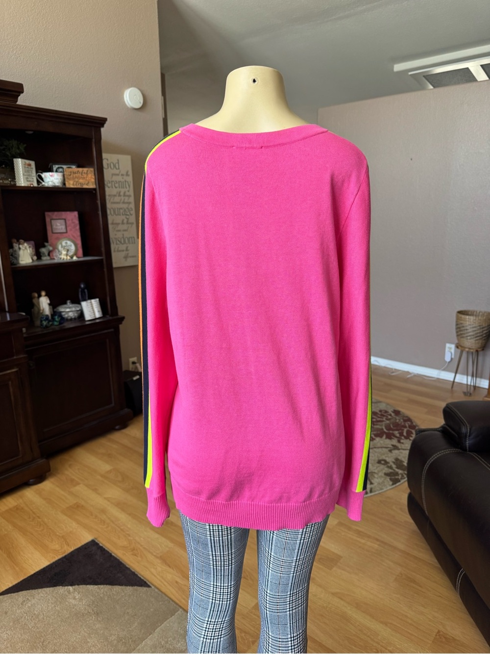 Belle by Kim Gravel Hot Pink Long Sleeve Sweater with Rainbow Sleeve Stripes-L - Picture 2 of 10